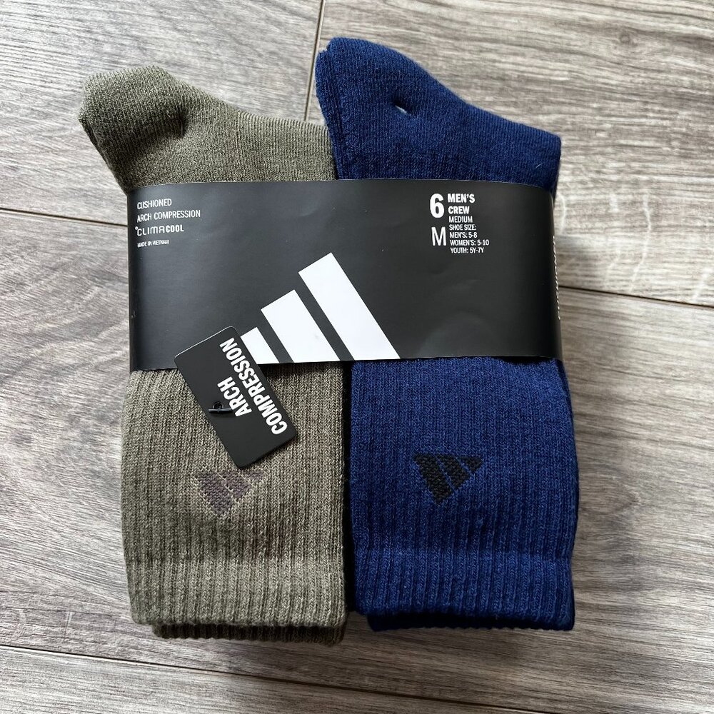 adidas 6 Pair Crew Socks Size M Cushioned Arch Compression ClimaCool Men 5-8